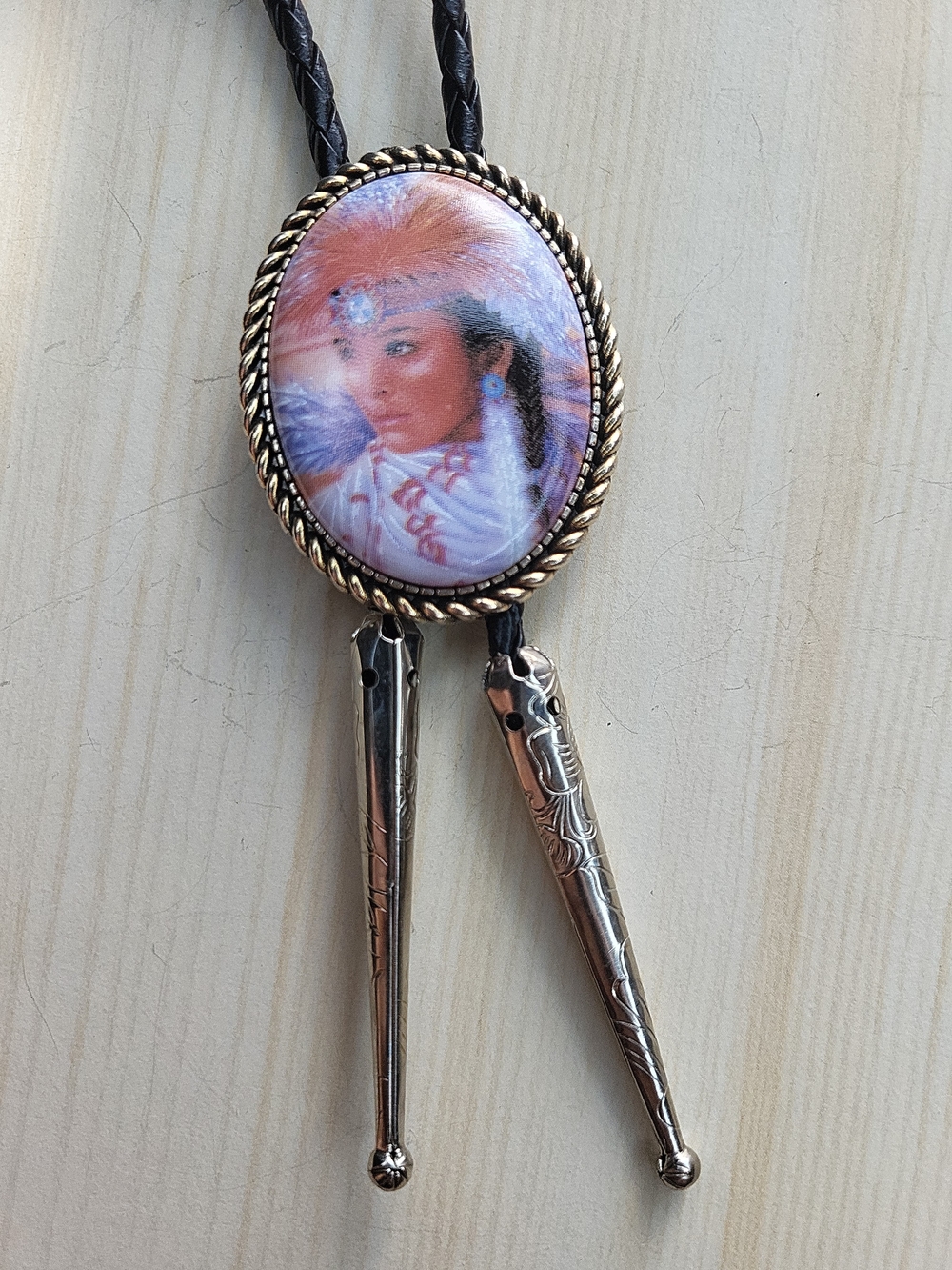 Leather Bolo Tie with Native American Portrait